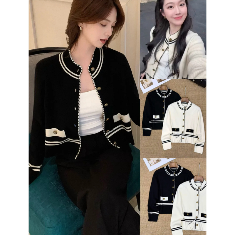Black and White Striped Stand-Up Collar Sweater Knitwear for Women, New Autumn and Winter Style, Embossed Metal Button Sweater Cardigan Jacket Top Black and White Striped Stand-Up Collar Sweater Knitwear for Women, New Autumn and Winter Style, Embossed Metal Button Sweater Cardigan Jacket Top