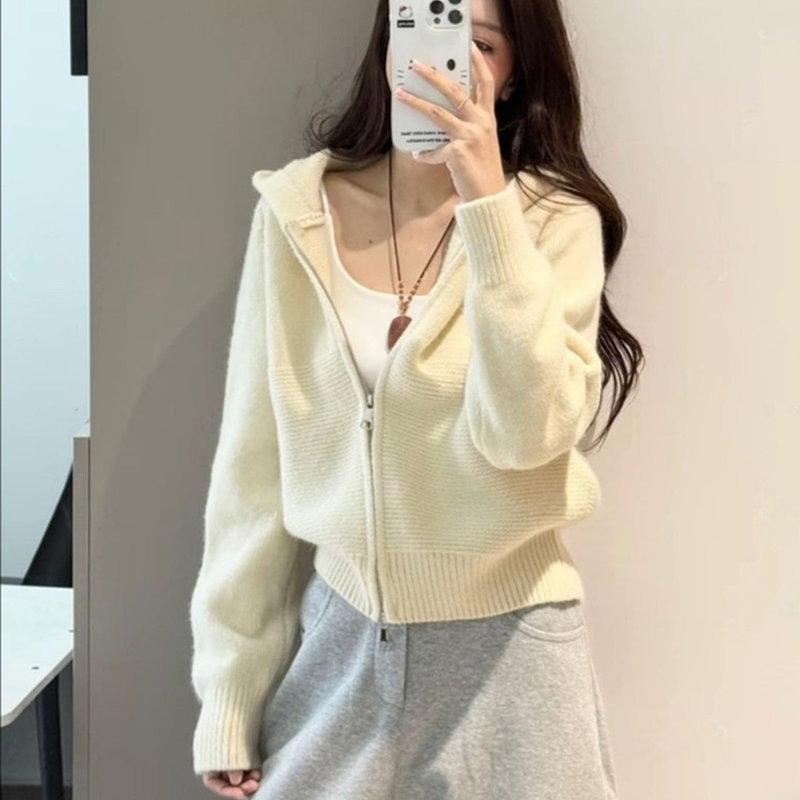 Korean Style Casual Wave Pattern Double Zipper Hooded Sweater Jacket for Women in Spring and Autumn, Loose and Slimming Knitted Cardigan Top Korean Style Casual Wave Pattern Double Zipper Hooded Sweater Jacket for Women in Spring and Autumn, Loose and Slimming Knitted Cardigan Top