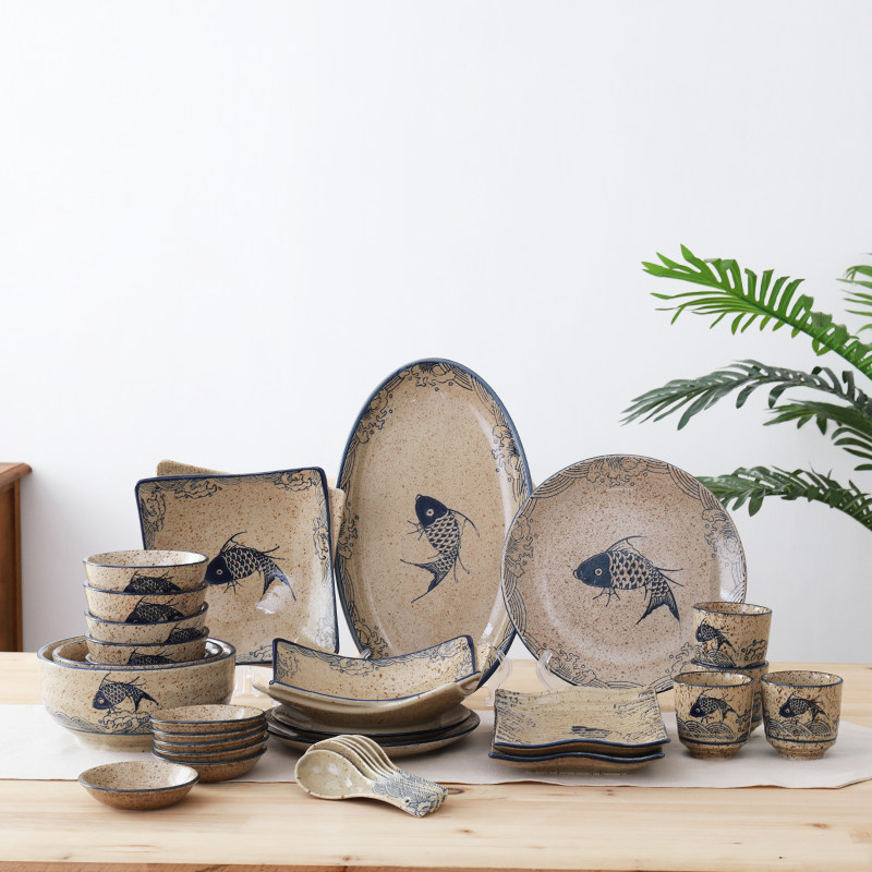 Family ceramic tableware soup bowl instant noodle bowl rice bowl flavor dish fish plate leisure farm fish music retro porcelain Chinese style