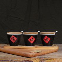  Fu word ceramic with spoon lid Single small water tank storage tank Household seasoning box Oil salt sugar sesame pepper pot set