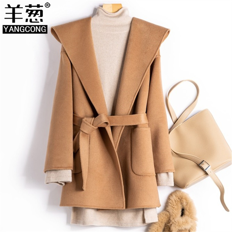 Double-sided cashmere big coat woman hat with wool in cap, autumn winter New Hepburn small sub-belt conspiculy slim