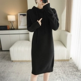 Длинная толстовка с капюшоном, свитер, шерстяная утепленный лонгслив, трикотажное платье, вязаная шапка, балахон, 2023, средней длины