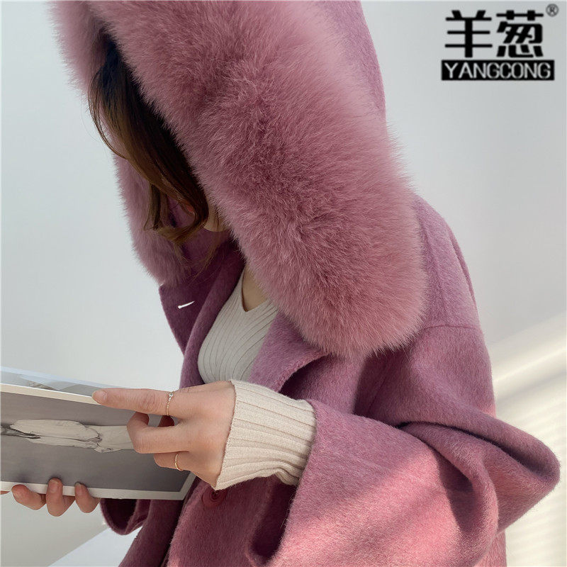 Albacca alpaca bebe double-sided cashmere coat women's popular hooded fur collar mid-length version of the belt jacket