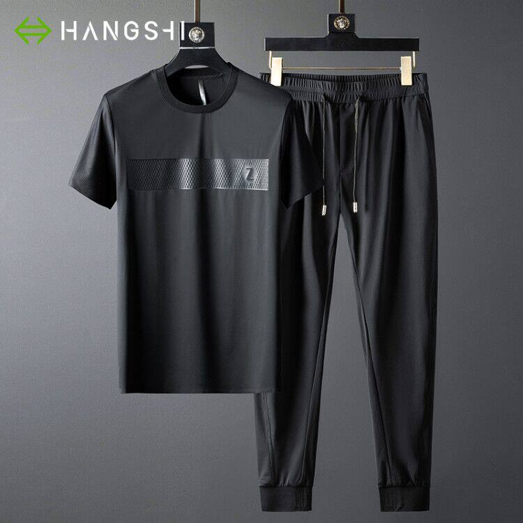 High-end Casual Ice Silk Sports Suit Men's Summer Ultra Slim middle men speed dry clothes short sleeves mix with two sets