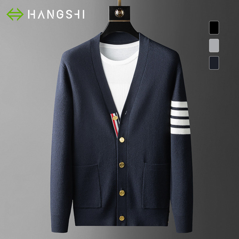 Light extravagant class Classic four-track bar knit cardiovert men's spring new sweater V collar high-end wool autumn winter jacket