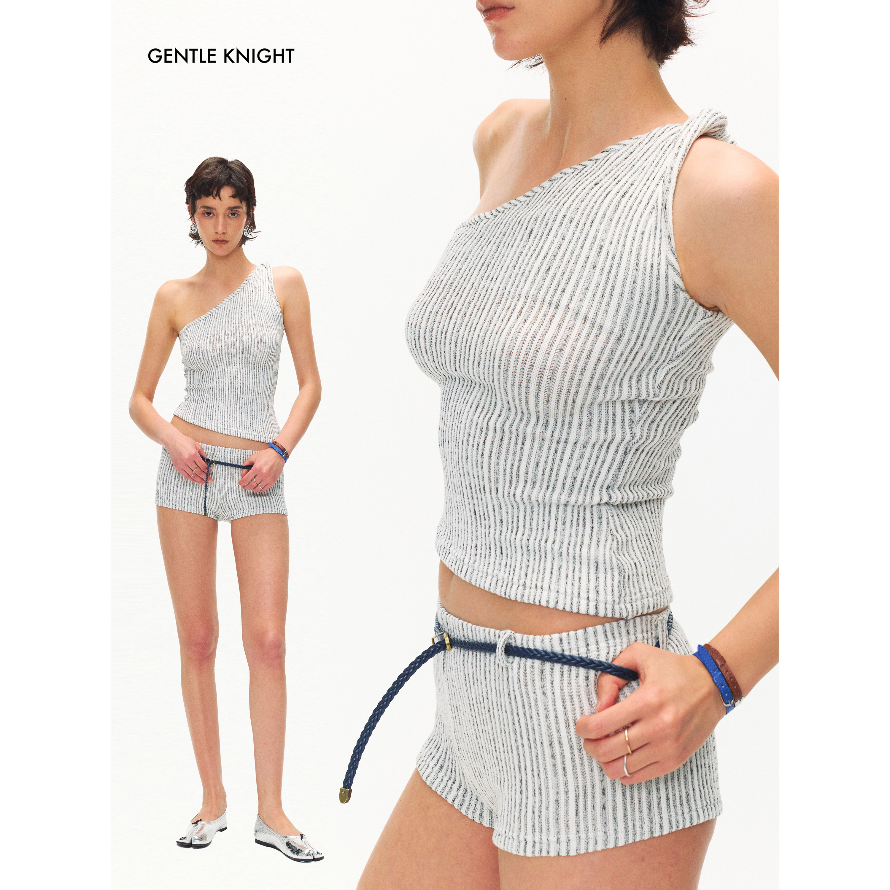GENTLE KNIGHT White vertical striped off-the-shoulder halter top, women's knitted stretch shorts set