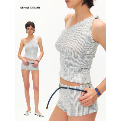 GENTLE KNIGHT White vertical striped off-the-shoulder halter top, women's knitted stretch shorts set