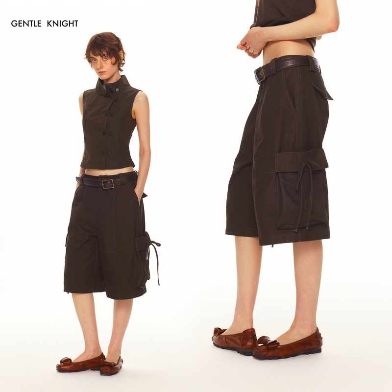 Gentle Knight 100% Cotton Three-Dimensional Pocket Cargo Shorts for Women with Bow, Loose Wide-Leg Shorts