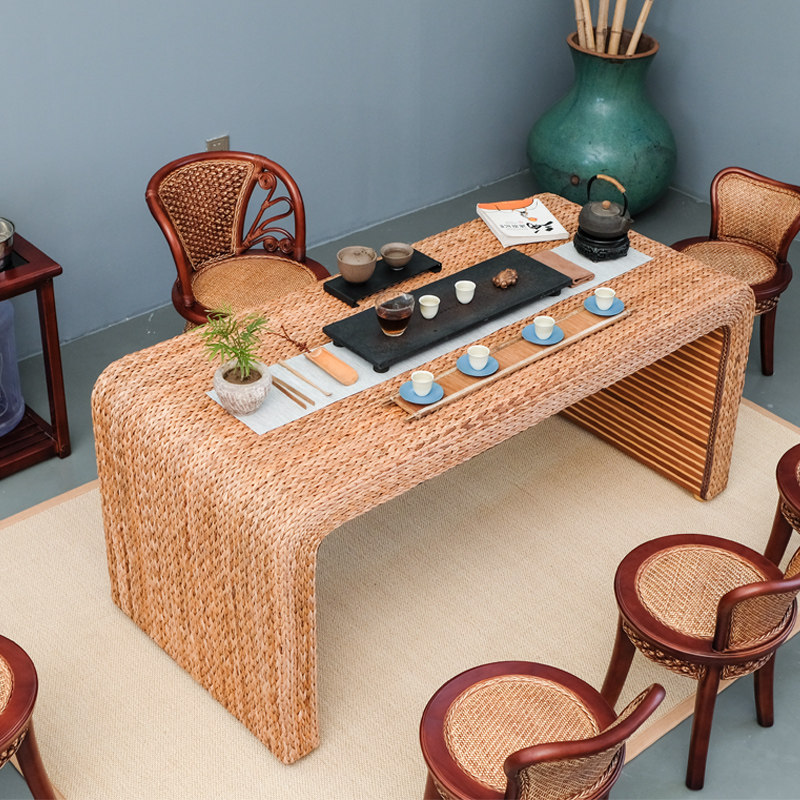 Rattan woven balcony tea table and chair combination home small tea table tea table simple solid wood tea table bamboo swivel chair coffee table