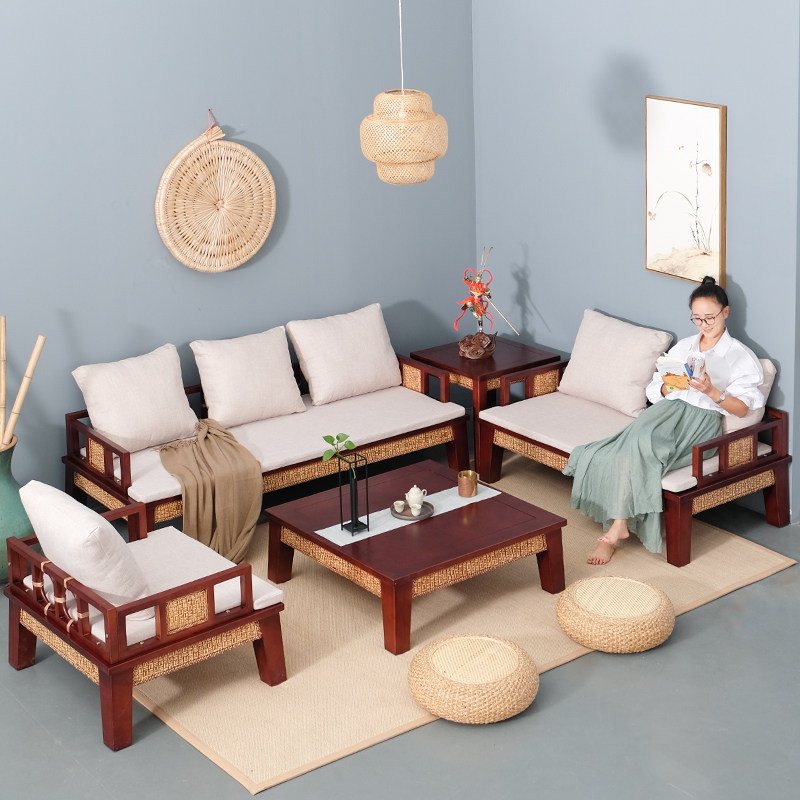 Solid wood sofa combination new Chinese style simple modern black walnut color small apartment log antique mortise and tenon rattan furniture