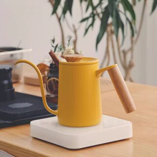 Solid Wood Handle Yellow Pour-Over Coffee Pot Stainless Steel Drip Coffee Japanese Retro V60 Pour-Over Pot Small