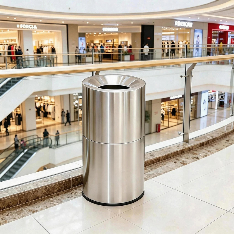 Stainless Steel Trash Can for Shopping Malls, Public Places, Supermarkets, Theaters, Commercial Use, Round, Large Capacity, Direct Insertion, 50L