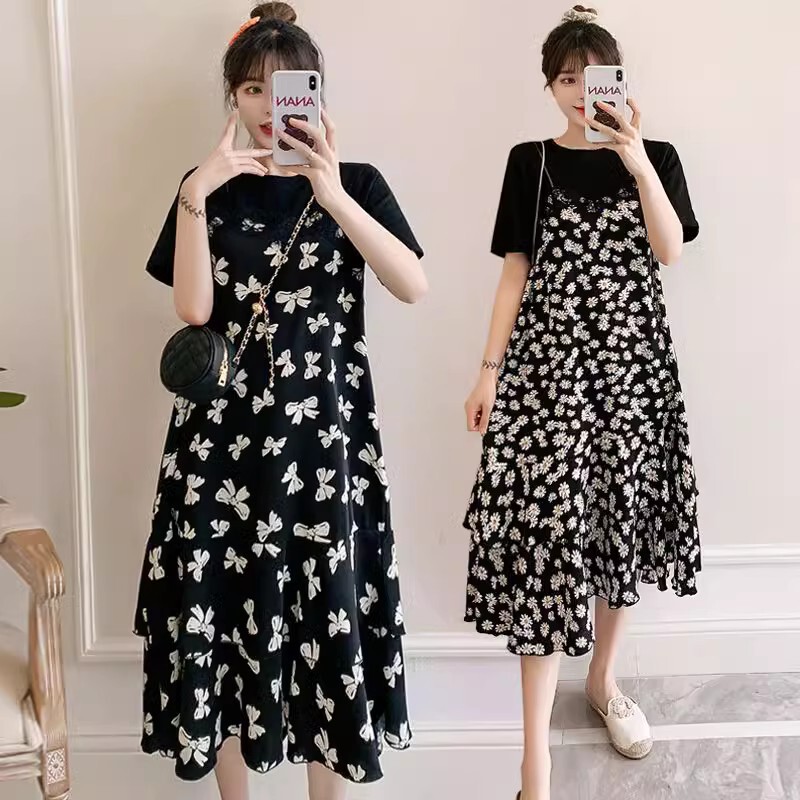 Summer New Floral Patchwork Black T-Shirt Short-Sleeve 100kg Plus-Size Loose Slimming Dress Fake Two-Piece Long Dress Summer New Floral Patchwork Black T-Shirt Short-Sleeve 100kg Plus-Size Loose Slimming Dress Fake Two-Piece Long Dress