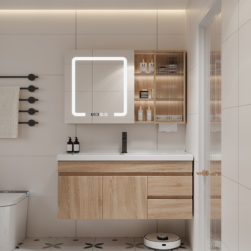 Wooden-Style Small Bathroom with 40cm Depth, Ultra-Narrow Integrated Ceramic Basin, Washbasin, Vanity, and Bathroom Cabinet Set Wooden-Style Small Bathroom with 40cm Depth, Ultra-Narrow Integrated Ceramic Basin, Washbasin, Vanity, and Bathroom Cabinet Set