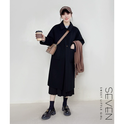 Двусторонное кашемировое длинное демисезонное шерстяное шерстяное пальто, подходит для подростков, средней длины