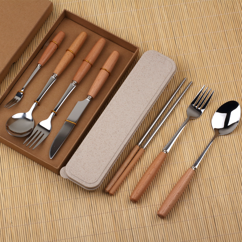 Wooden Handle Western Cutlery Set Steak Knife and Fork Two-Piece Set Stainless Steel Spoon Chopsticks Portable Gift Box for Students Wooden Handle Western Cutlery Set Steak Knife and Fork Two-Piece Set Stainless Steel Spoon Chopsticks Portable Gift Box for Students