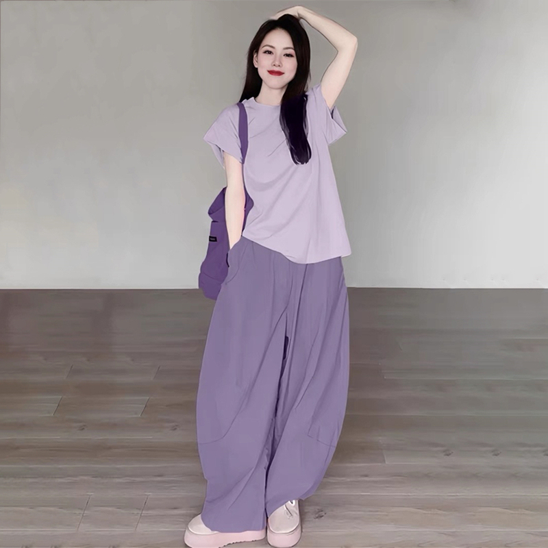 Trendy Dopamine Wide-Leg Pants Sports Set for Women, Summer Short-Sleeve Loose-Fitting Youthful Korean-Style Casual Two-Piece Set
