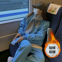 Gushed thickened sports suit Female Winter Student Han version loose Lean Fashion Big Code Necroe Clothing Leisure Two Sets
