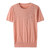 Mulberry silk top mom summer short-sleeved T-shirt round neck fashionable embroidered T-shirt middle-aged and elderly solid color high-end small shirt