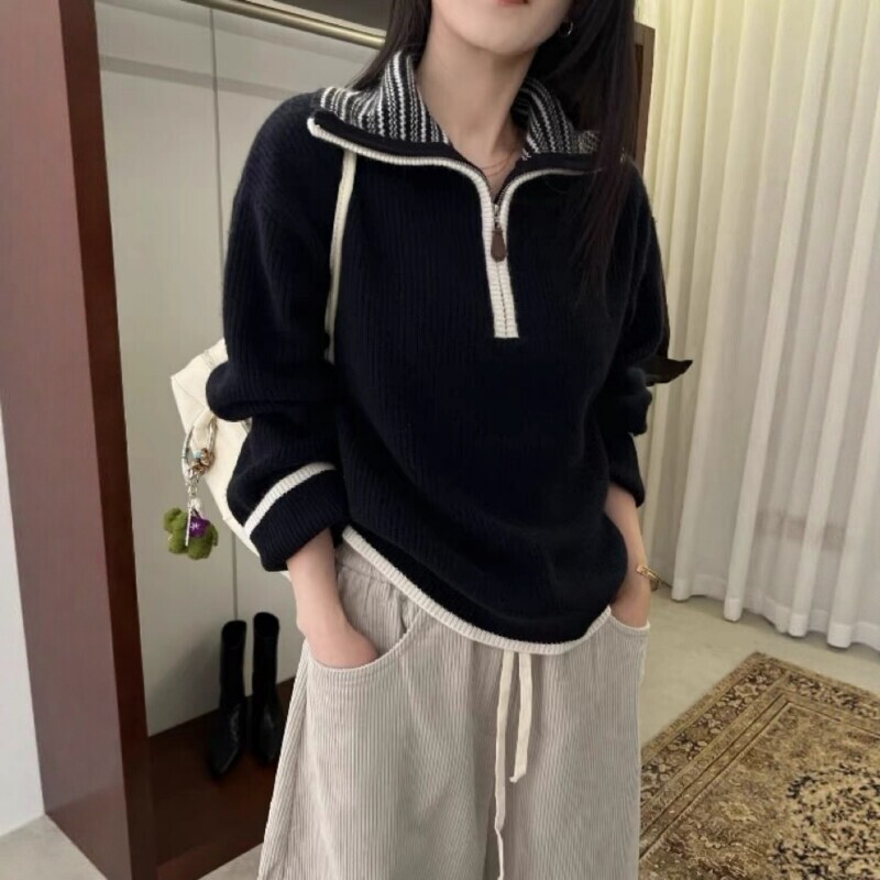 Old Money Style Black Half-Zip Large Lapel Pullover Sweater for Women, Autumn and Winter, High-End Feel, Loose and Soft Knitwear Old Money Style Black Half-Zip Large Lapel Pullover Sweater for Women, Autumn and Winter, High-End Feel, Loose and Soft Knitwear