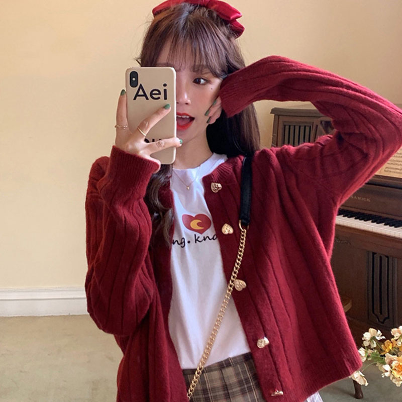 2021 new Korean version loose 100 hitch blouses with slim red knit sweater sweatshirt outside wearing jacket lady autumn and winter