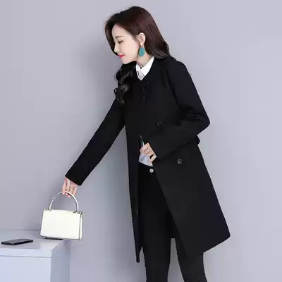 Professional woolen coat women's long version 2021 new autumn and winter temperament overalls thick black woolen coat