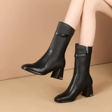 Кожаные флисовые удерживающие тепло сапоги на высоком каблуке, коллекция 2021, средней длины, из натуральной кожи, большой размер