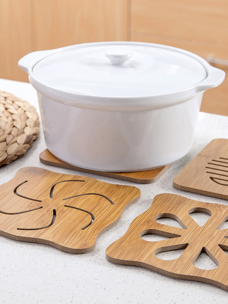 Home Bamboo Wooden Placemat Thickened Insulation Pad Coaster Set Hollow Table Mat Anti-scalding Pot Mat Casserole Mat Bowl Mat