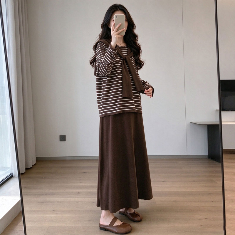 Korean-Style Casual Maternity Three-Piece Set with Striped Top, Shawl Design, Belly-Supporting Skirt, Plus-Size Outfit for Pregnant Women Korean-Style Casual Maternity Three-Piece Set with Striped Top, Shawl Design, Belly-Supporting Skirt, Plus-Size Outfit for Pregnant Women