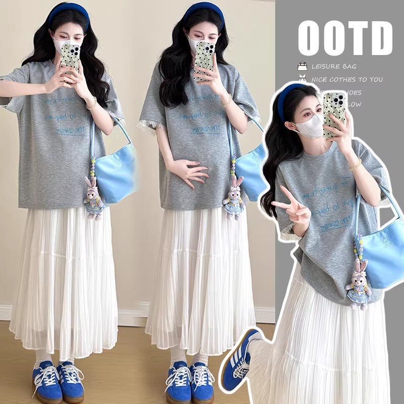 Maternity Summer Outfit Letter Lace Top and Skirt Set, Fashionable and Stylish Pregnancy T-Shirt Two-Piece Set