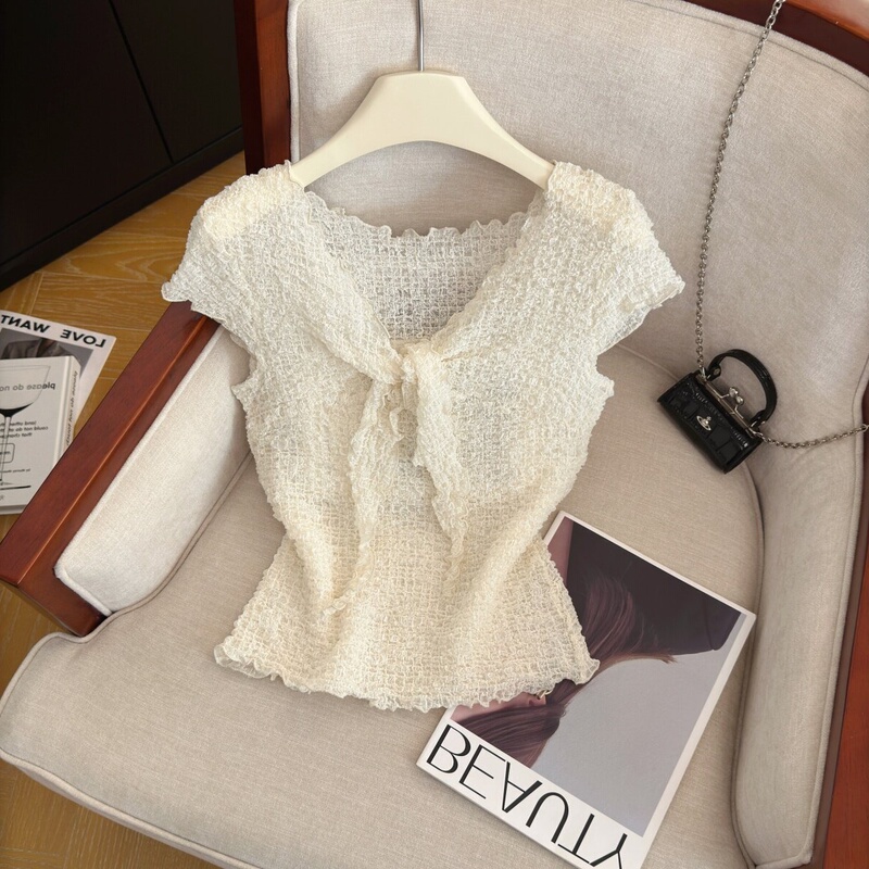 Guangzhou Thirteen Rows 2026 New Style ~ Gentle and Soft Bubble Gauze Blouse for Women, Summer Tie-Up Slimming Short Top