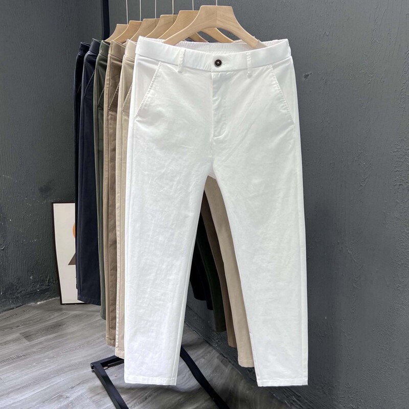 2026 Spring/Summer New White Casual Pants Men's Cotton Breathable Cropped Pants Business Simple Straight-Leg Trousers