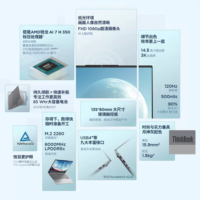 ThinkBook 14+ 2025 новая тонкий и легкий ноутбук AMD R7 7840H 14,5-дюймов Luna Gray деловой ноутбук