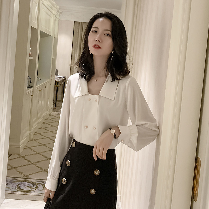 2022 Autumn white shirt female design sense niche casual temperament thin foreign style fashion retro harbor style shirt