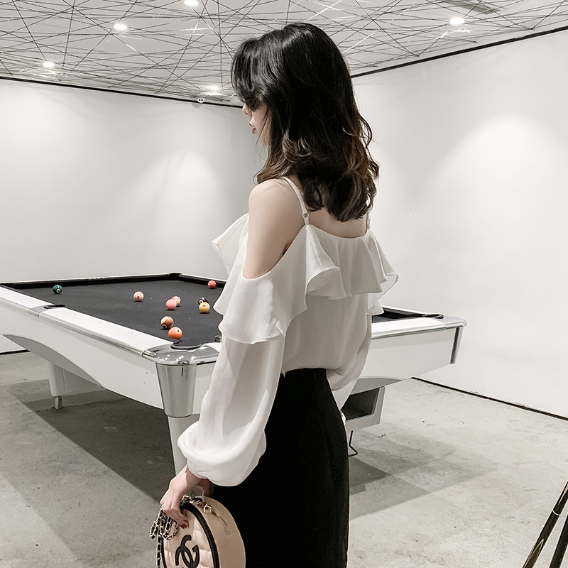 Off-the-shoulder top female net red word shoulder collarbone 2022 early autumn women's suspender ruffle fairy gas leaky shoulder chiffon shirt