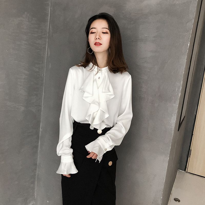 2022 high-end white shirt women's stand collar retro fungus ruffled court style French design niche shirt