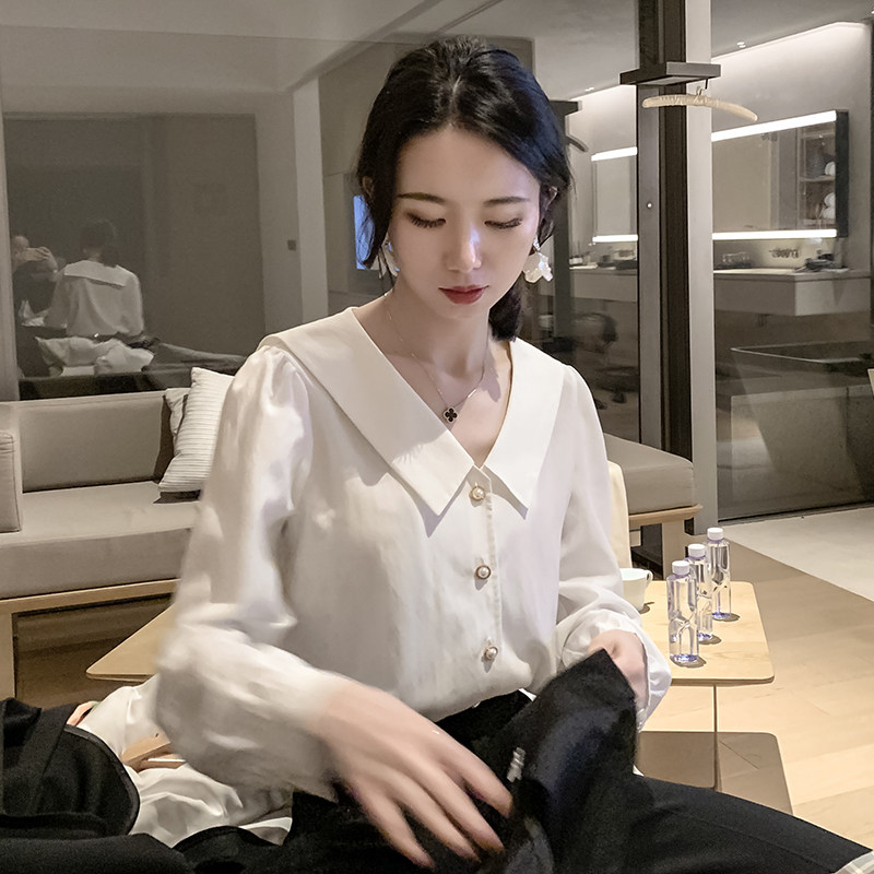 2022 High-end White Shirt Woman Design Sensation Small Crowned Long-sleeved Fashion Retro Snow Spinning Professional Temperament Shirt
