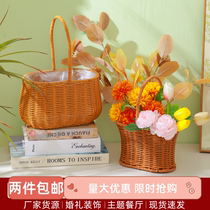 Creative wicker rattan plastic woven wall hanging flower baskets for home gardening plastic woven wall hanging flower pots and flower baskets for Mothers Day