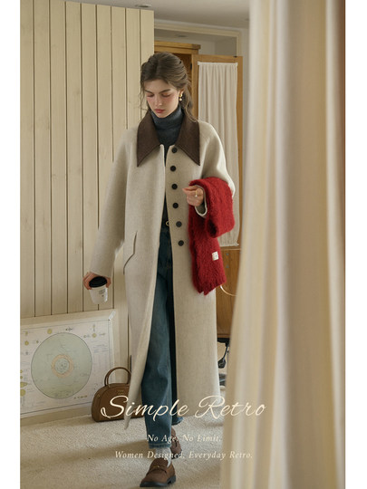 SimpleRetro Melting Snow Frosting Retro Revers doppelseitiger Wollmantel Damen langer Wollmantel aus australischer Wolle