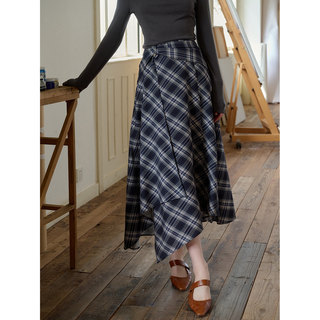 SimpleRetro塔林漫行 文艺不规则下摆高腰显瘦A字格纹半身裙女秋