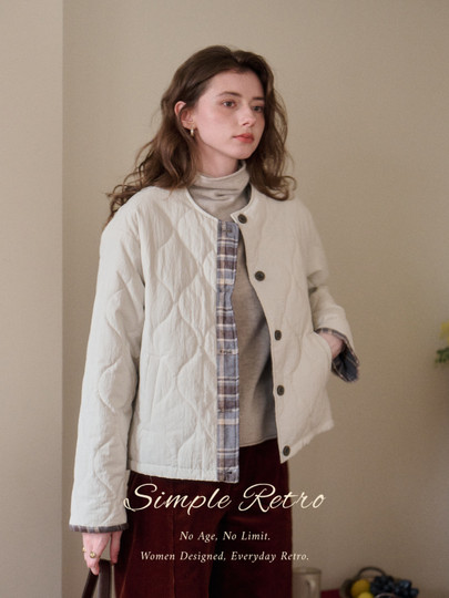 SimpleRetro香草戚风 洋气轻薄两面穿短款棉服外套女菱格圆领上衣