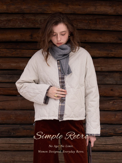 SimpleRetro香草戚风 洋气轻薄两面穿短款棉服外套女菱格圆领上衣