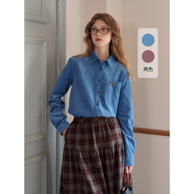 Simpleretro Green Town 100% Cotton French Detachable Collar Two-Way Corduroy Shirt Women's Stand Collar Shirt
