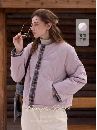 SimpleRetro香草戚风 洋气轻薄两面穿短款棉服外套女菱格圆领上衣