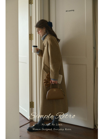 SimpleRetro Melting Snow Frosting Retro Revers doppelseitiger Wollmantel Damen langer Wollmantel aus australischer Wolle