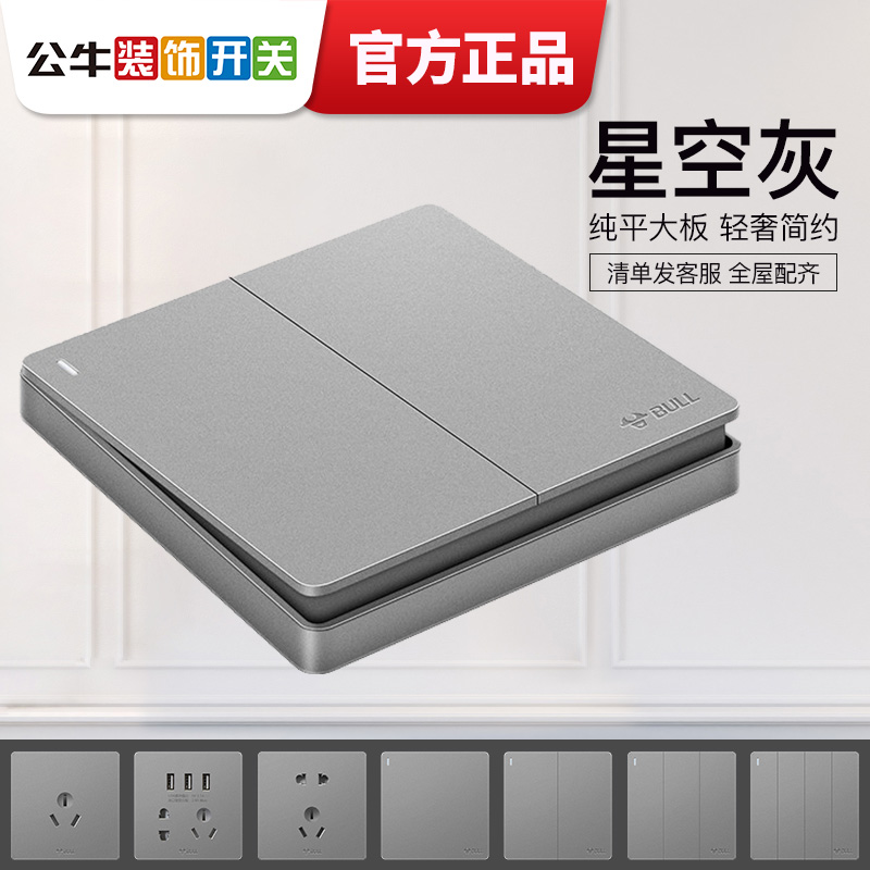Bull Double Cut Switch Home Duplex Double Cut Large Panel Wall Lamp Power Double Switch Switch Socket G12 Ash