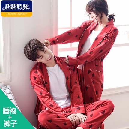 新婚情侣睡衣春秋季纯棉长袖睡袍女长款大红浴