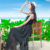 Mùa hè mới của phụ nữ màu đen mỏng lớn swing voan váy dài boho váy đi biển bên bờ biển - Váy eo cao 	váy nhung xếp ly eo Váy eo cao