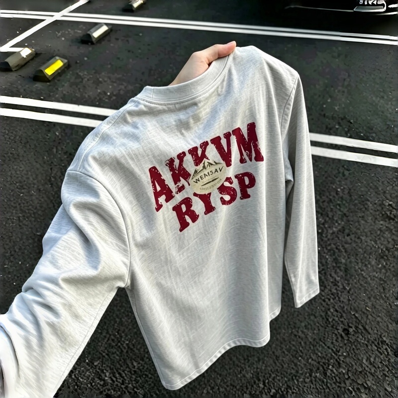Heavyweight 100% Pure Cotton American Retro Letter Print Hong Kong Style Long-Sleeve T-Shirt for Men and Women, Loose and Versatile Trendy Brand Top