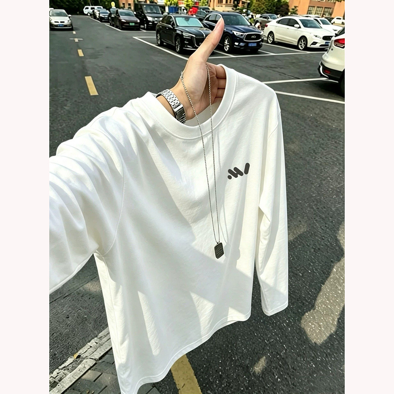 Heavyweight Pure Cotton American-Style Hong Kong Fashion Simple Youth Trendy Brand Long-Sleeve T-Shirt for Men, White Crew Neck Printed Loose Top Heavyweight Pure Cotton American-Style Hong Kong Fashion Simple Youth Trendy Brand Long-Sleeve T-Shirt for Men, White Crew Neck Printed Loose Top